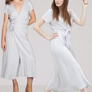 Ali Golden Gray White Wrap Geometric Print Midi Dress